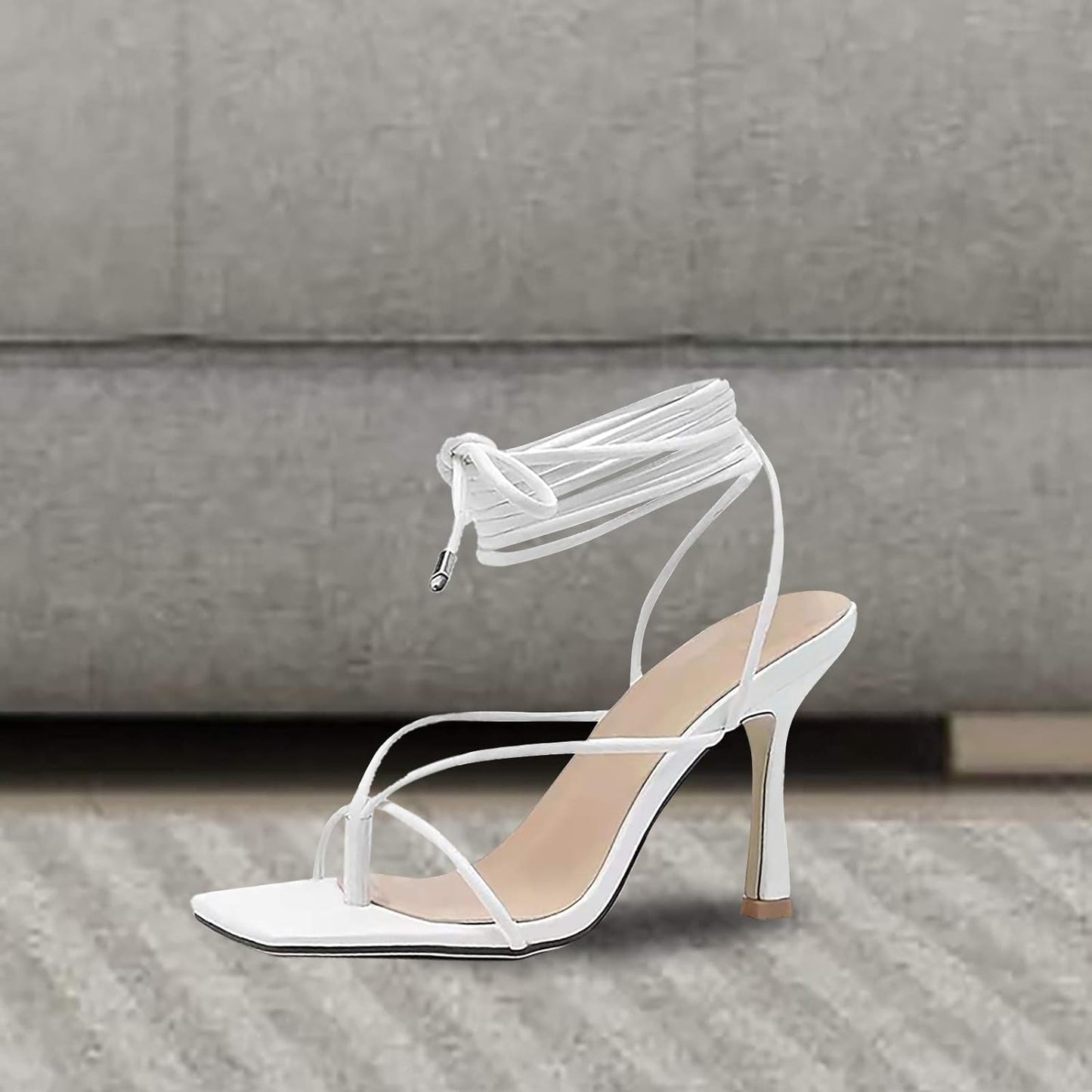 Womens Square Toe Sandals Stiletto Heels Ankle Strap Lace up Dress Heeled Sandal Wedding Party Shoes White