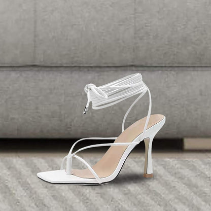 Womens Square Toe Sandals Stiletto Heels Ankle Strap Lace up Dress Heeled Sandal Wedding Party Shoes White