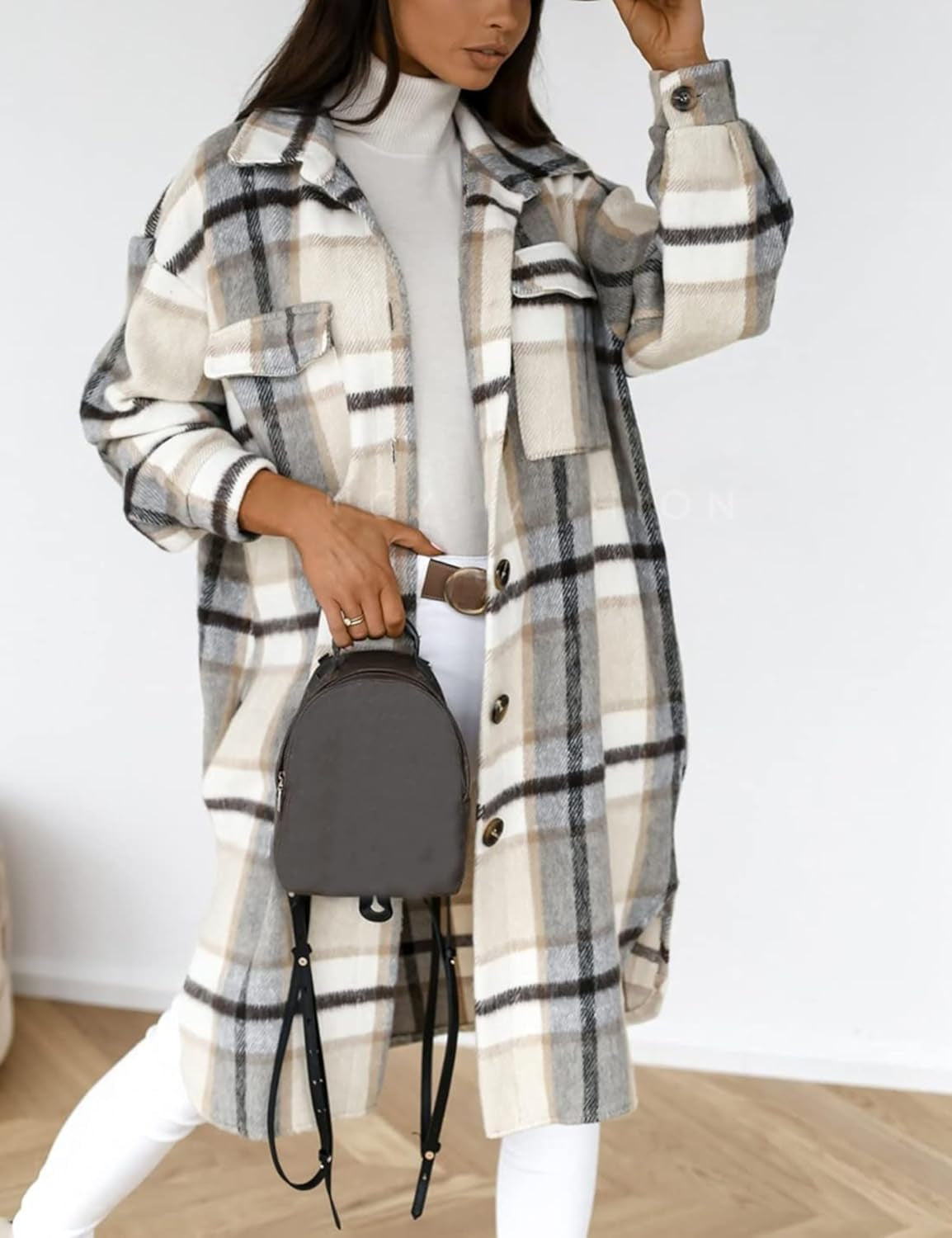Women'S Plaid Shacket Brushed Flannel Shirt Jacket Vintage Long Wool Blend Tartan Coat