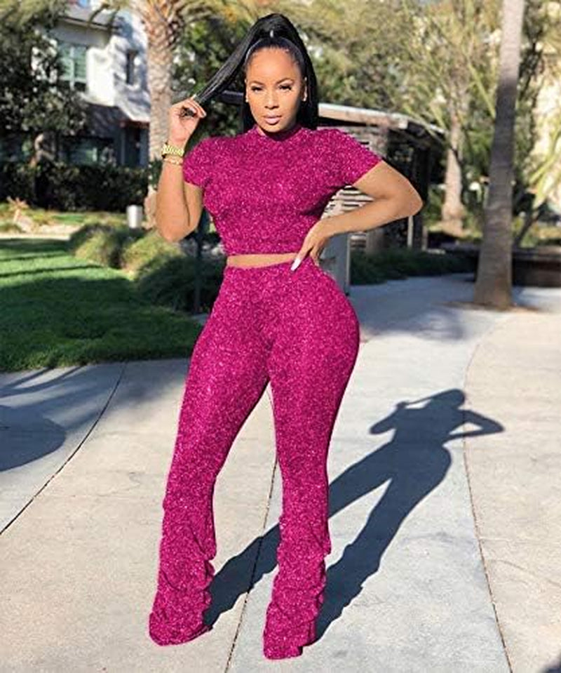 Sexy Club Outfits for Women Sequin Pants and Tops 2 Piece Bodycon Jumpsuits Sets Rose