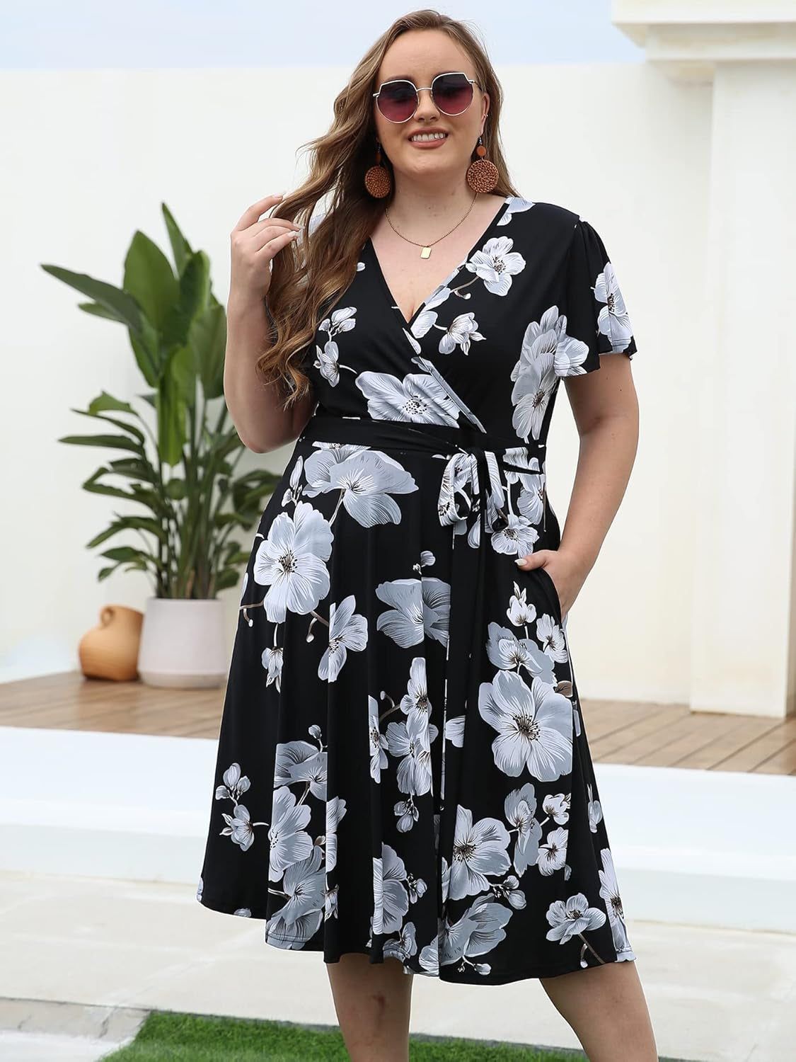 plus Size Womens V Neck Floral Cocktail Party Midi Dresses with Pocket