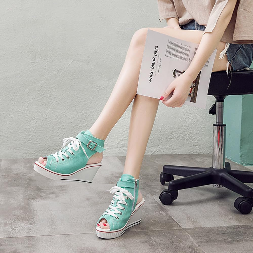 Women'S Peep Toe Canvas Wedge Heeled Platform Fashion Sneaker