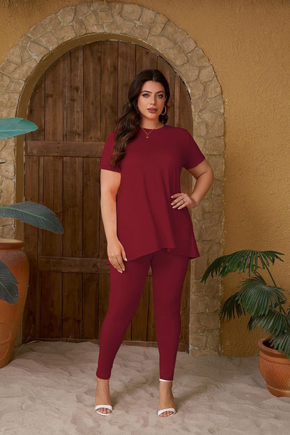 Women plus Size 2 Piece Outfits Short Sleeve Top and Legging Pant Set Lounge Sets Tracksuit
