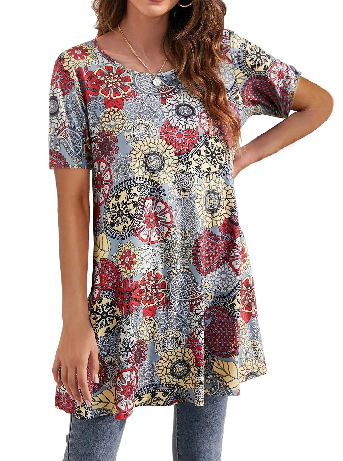 plus Size Womens Tunic Tops Short Sleeve Casual Floral Shirts Swing Flare Dressy Blouses