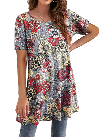 plus Size Womens Tunic Tops Short Sleeve Casual Floral Shirts Swing Flare Dressy Blouses