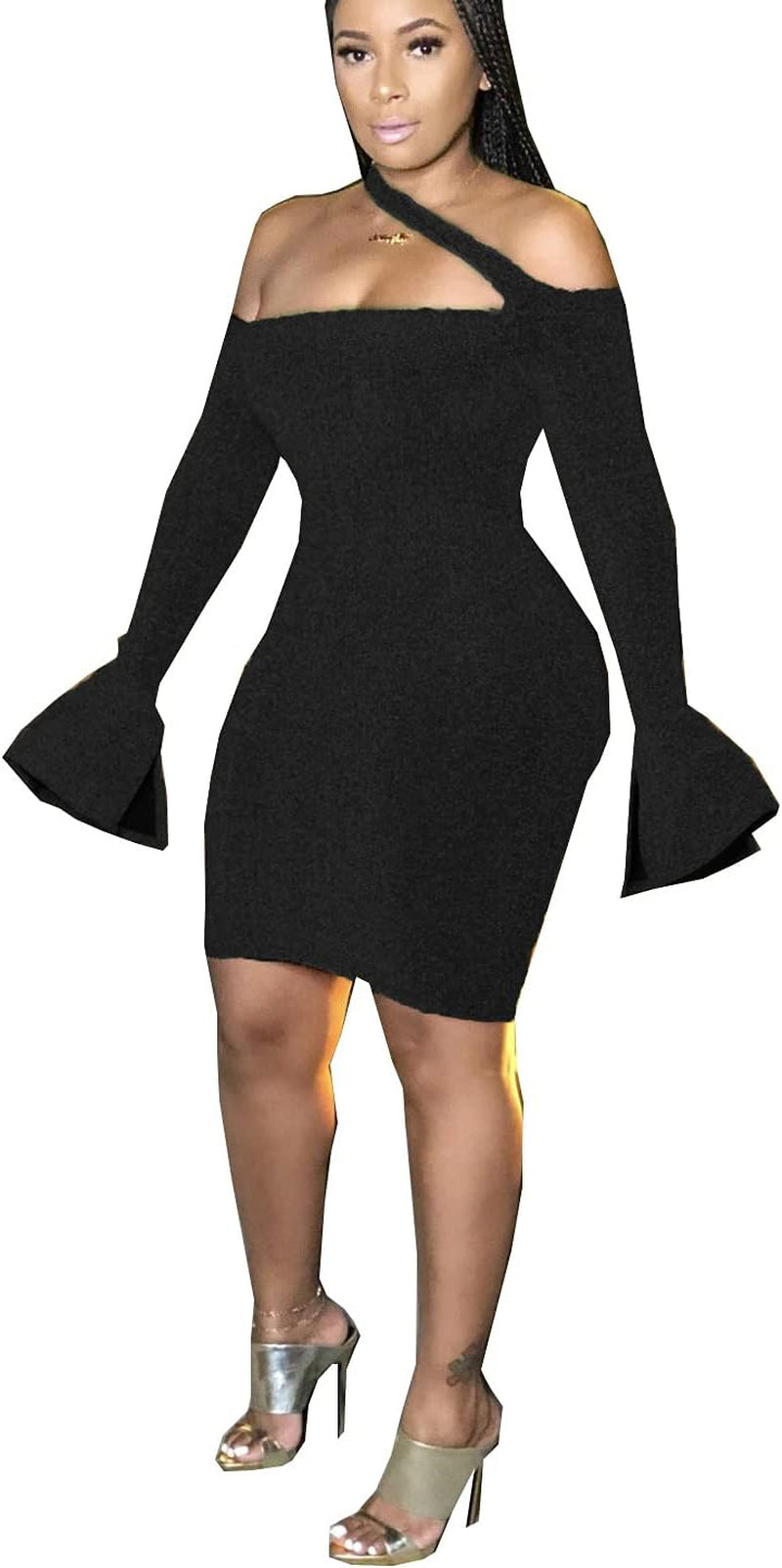Womens Sexy Black Midi Dress - Elegant off the Shoulder Bodycon Party Dresses plus Size