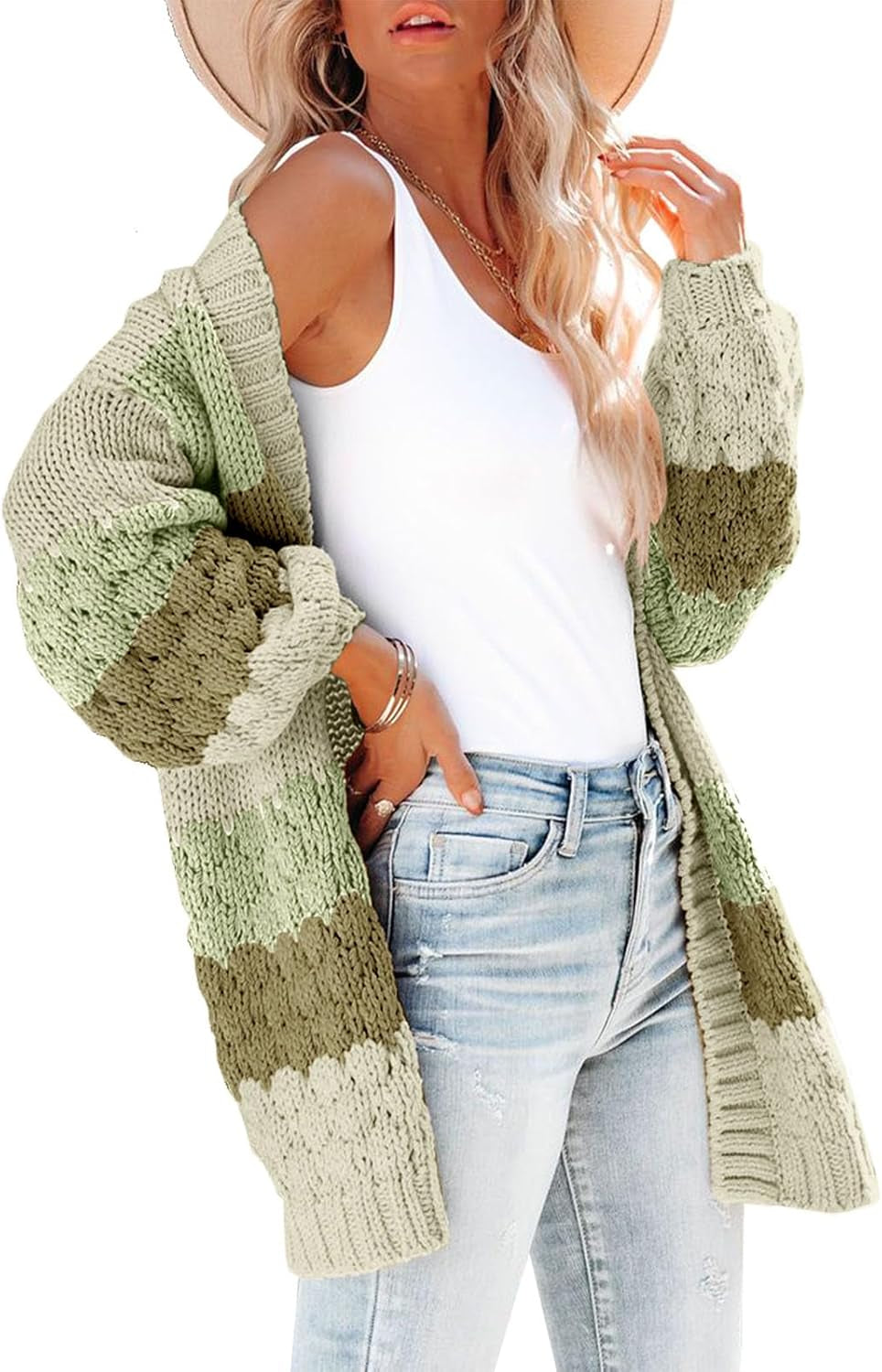 Womens Long Sleeve Color Block Cardigan Striped Open Front Chunky Knit Slouchy Sweaters Outwear Coats