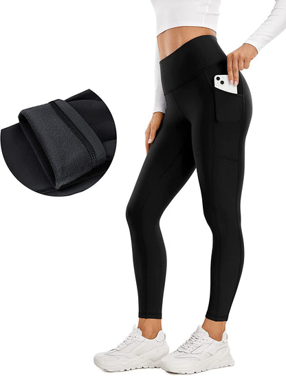 Womens Fleece Lined Leggings with Pockets 25'' - Winter Warm Thermal High Waisted Pants Casual Lounge Yoga Workout