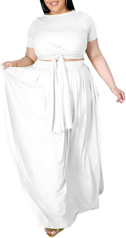 Womens plus Size 2 Piece Dress Outfits Solid Color Crop Top Maxi Skirts Set