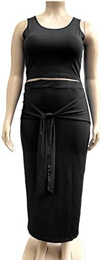 Women Sexy plus Size 2 Piece Dress Outfit Solid Tank Top Midi Skirt Set Black XL