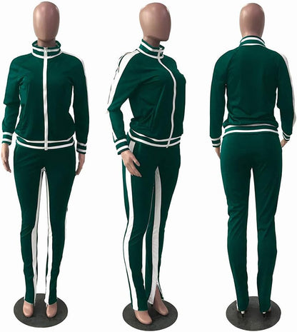 Womens 2 Piece Outfit Cold Shoulder Zipper up Long Sleeve Jacket and Pants Joggers Tracksuits Sweatsuit Set Green X-Large