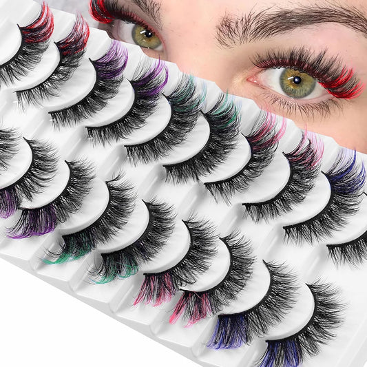 Colored Eyelashes,Cat Eye Lashes Wispy 3D Faux Mink Lashes Fluffy Colorful False Eyelashes with Color on End,Halloween Cosplay Lashes That Look like Extensions,C Curl Lashes Strips 5 Colors 10 Pair