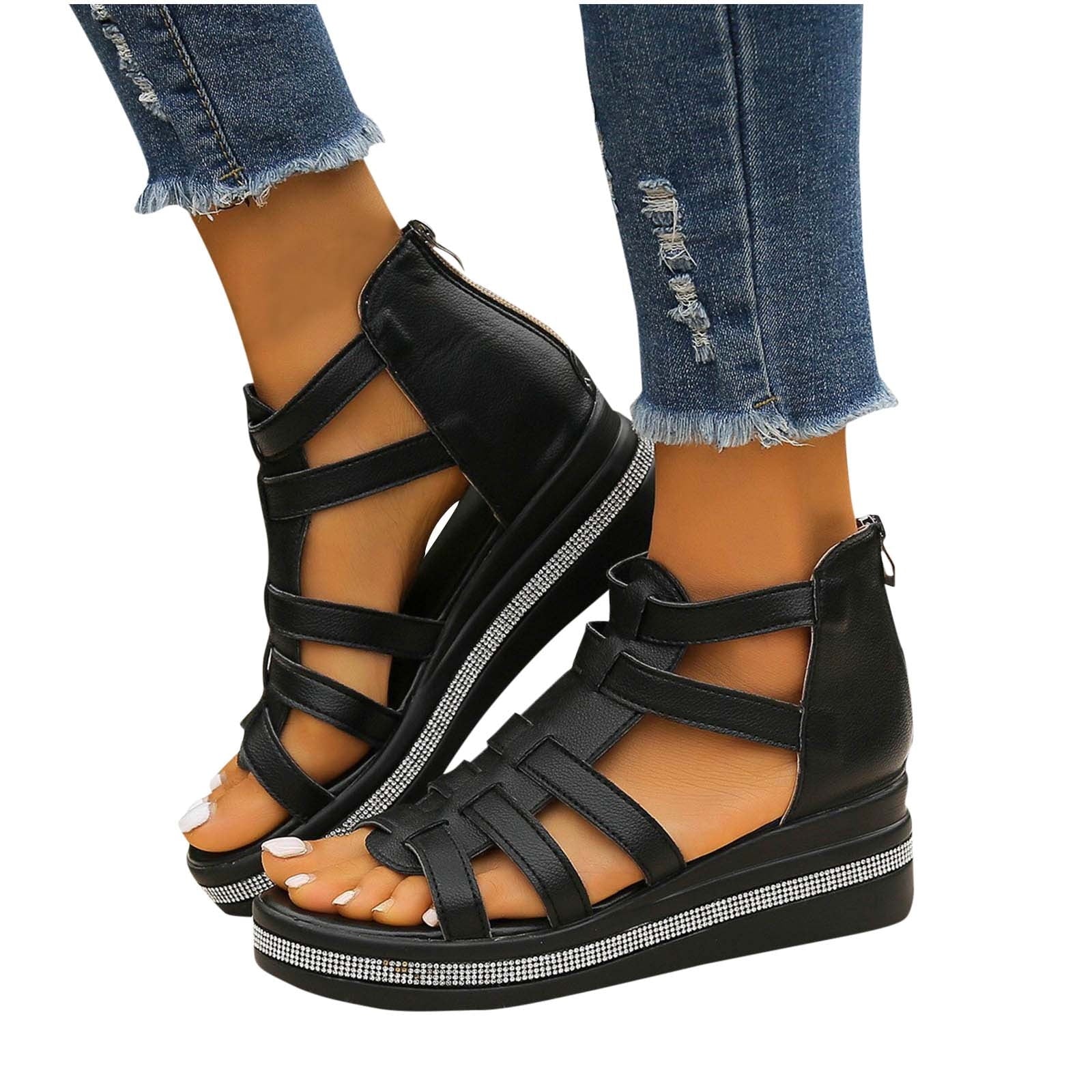 Womens Gladiator Sandals, Soft Sole Breathable Wide Width Summer Wedge Shoes Black