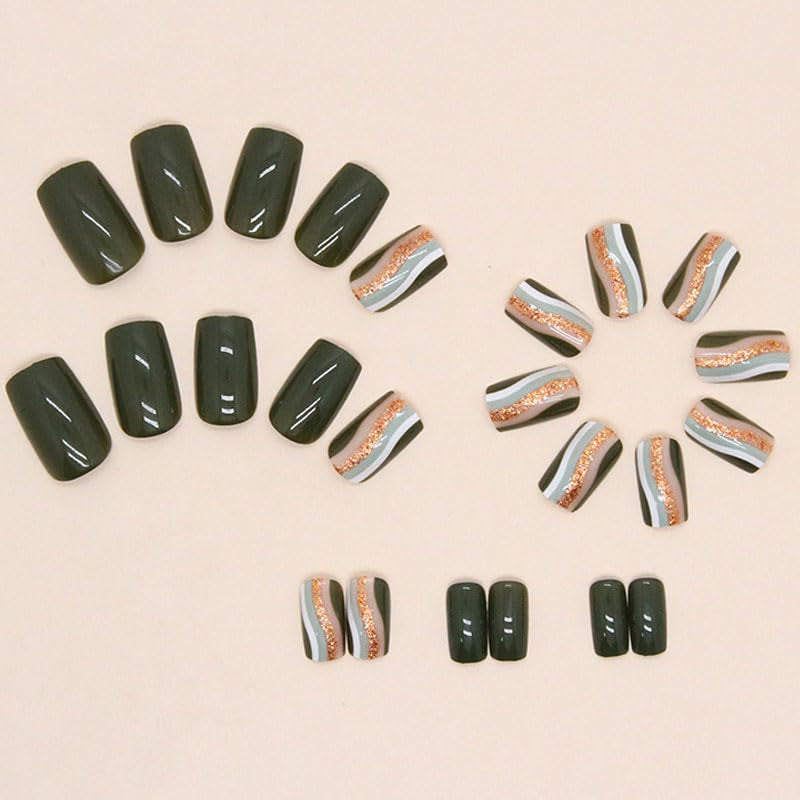 Green Press on Nails Short Medium Square Fake Nails with Fashion Glod Waves Design, Press Ons Artificial Acrylic Full Cover False Stick on Nail for Women Girls Daily Wear Wedding 24Pcs
