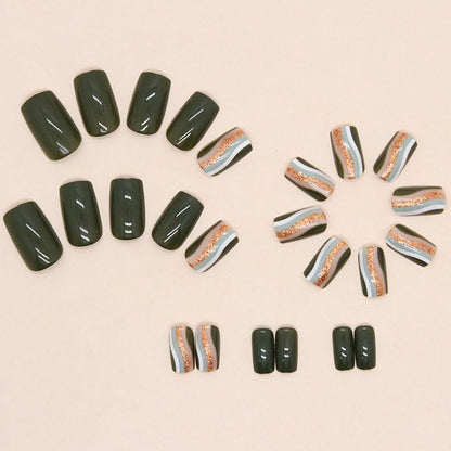 Green Press on Nails Short Medium Square Fake Nails with Fashion Glod Waves Design, Press Ons Artificial Acrylic Full Cover False Stick on Nail for Women Girls Daily Wear Wedding 24Pcs