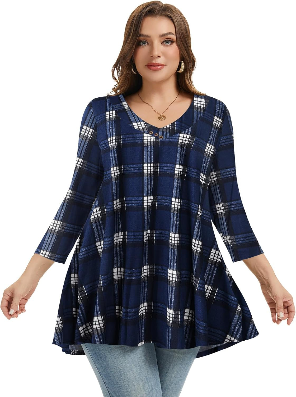 plus Size Tunic Women'S 3/4 Sleeve Tops and Blouses V Neck Shirts Loose Basic Tee