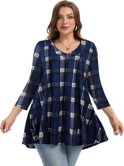 plus Size Tunic Women'S 3/4 Sleeve Tops and Blouses V Neck Shirts Loose Basic Tee