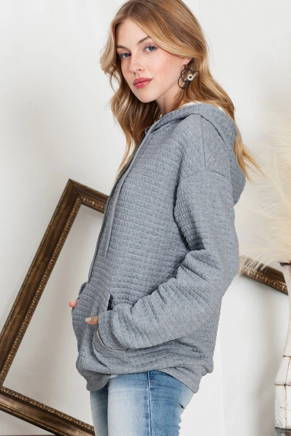 Womens Sweatshirts Hoodies Sweatshirt Long Sleeve Waffle Hoodies Pullover Casual Oversized Hooded Sweatshirts with Pocket Gray M
