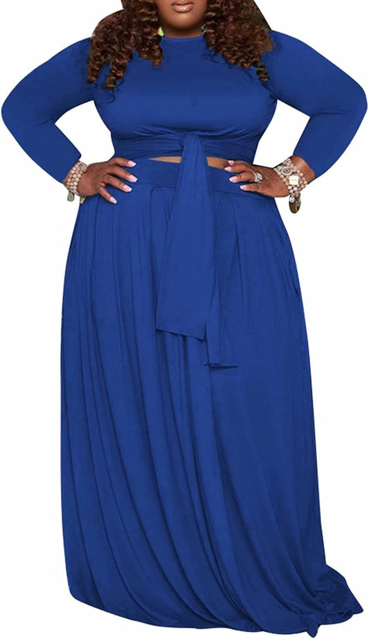 Plus Size Women 2 Piece Outfits Long Sleeve Maxi Skirts Sweatsuits Sets Casual Tracksuits with Pockets, Blue, 5X-Large