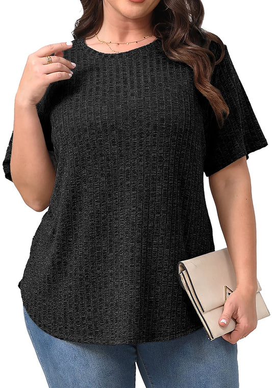 Womens plus Size Tops Crewneck Short Sleeve Shirts Casual Loose Tunic Tops Curved Hem Summer Blouses