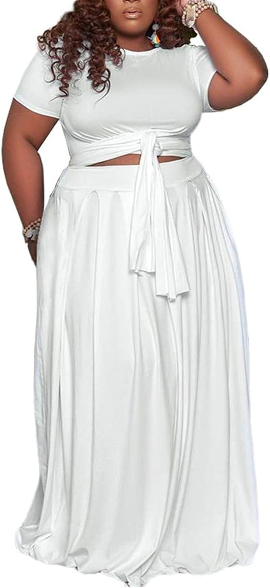 Womens plus Size 2 Piece Dress Outfits Solid Color Crop Top Maxi Skirts Set