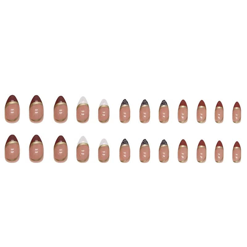 24 Pcs Almond Press on Nails French Tip Fake Nails Oval Shape False Nails with Gold Line Stripes Foil Leopard Designs Glossy Full Cover Glue on Nails Acrylic Nails for Women Girls DIY Maniture Decorations