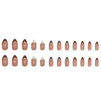 24 Pcs Almond Press on Nails French Tip Fake Nails Oval Shape False Nails with Gold Line Stripes Foil Leopard Designs Glossy Full Cover Glue on Nails Acrylic Nails for Women Girls DIY Maniture Decorations