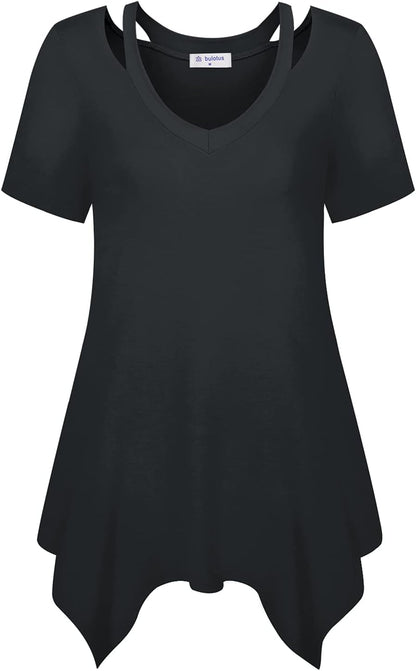 Womens Short Sleeve Tunic Tops Cut Out V Neck Dressy Casual Loose Fit Long Tops