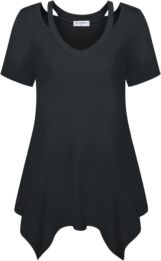 Womens Short Sleeve Tunic Tops Cut Out V Neck Dressy Casual Loose Fit Long Tops