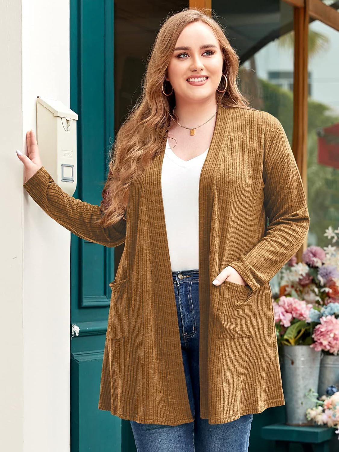 Open Front Knit Cardigan Sweaters for Women plus Size Long Sleeve Tops with Pockets Lightweight for Winter