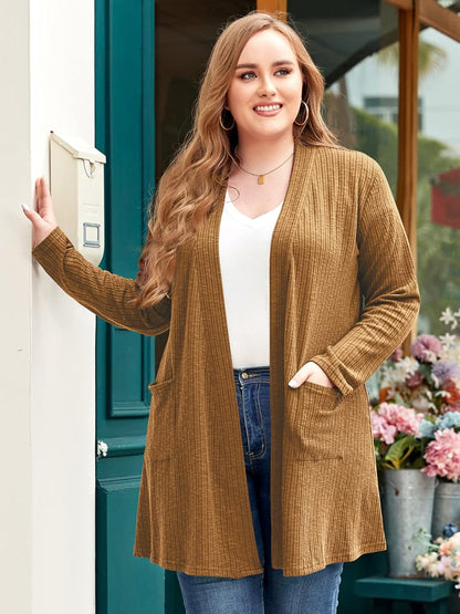 Open Front Knit Cardigan Sweaters for Women plus Size Long Sleeve Tops with Pockets Lightweight for Winter