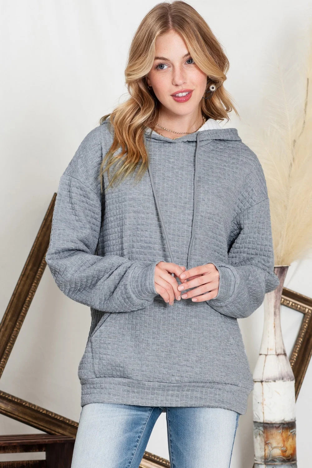 Womens Sweatshirts Hoodies Sweatshirt Long Sleeve Waffle Hoodies Pullover Casual Oversized Hooded Sweatshirts with Pocket Gray M
