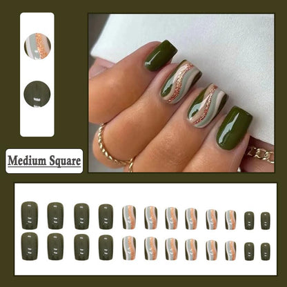 Green Press on Nails Short Medium Square Fake Nails with Fashion Glod Waves Design, Press Ons Artificial Acrylic Full Cover False Stick on Nail for Women Girls Daily Wear Wedding 24Pcs