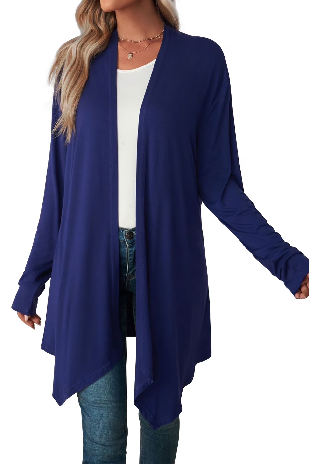 Women'S Basic Casual Lightweight Long Sleeve Drape Open Front Cardigan, Navy Blue-L(12-14)