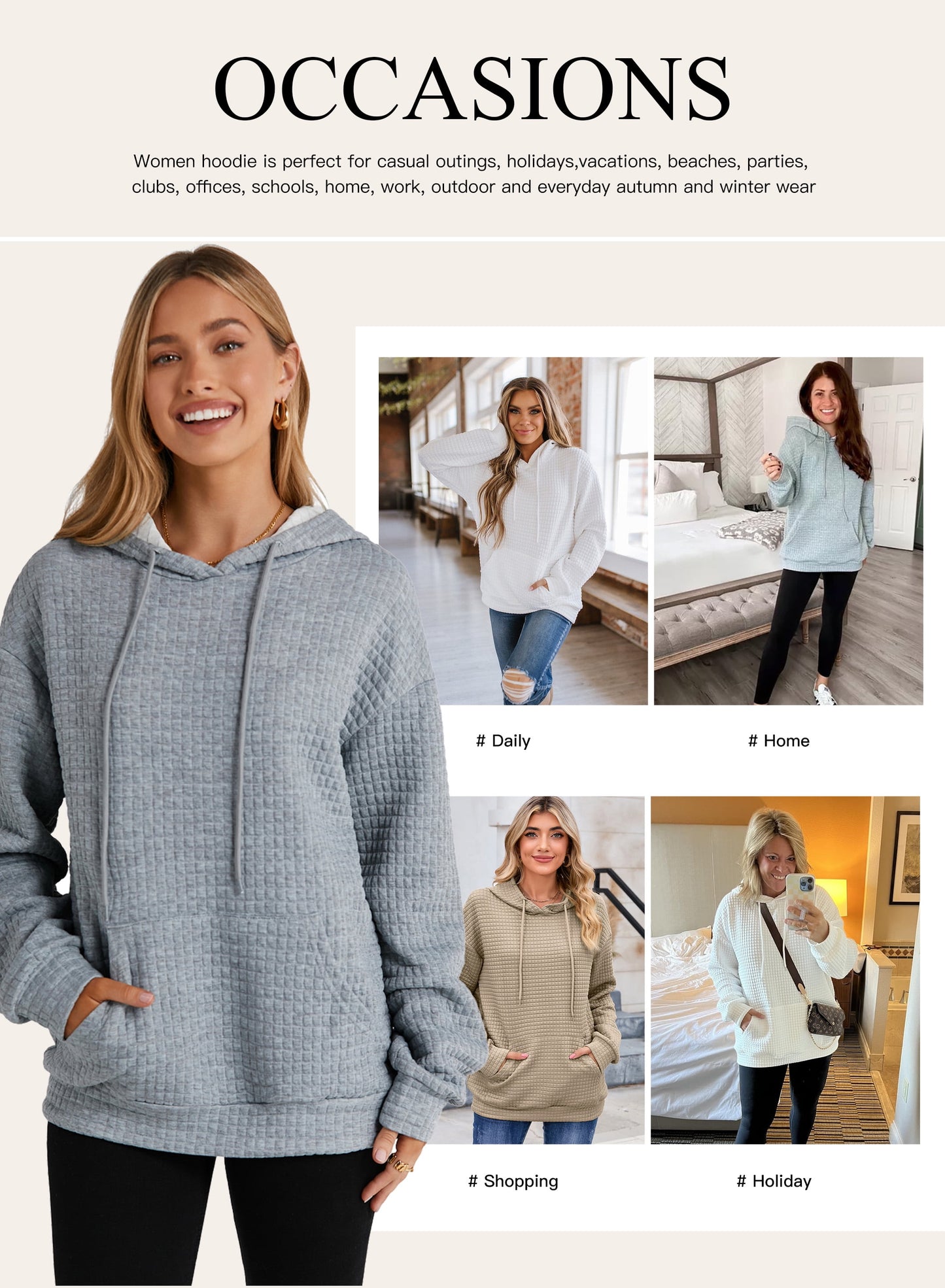Womens Sweatshirts Hoodies Sweatshirt Long Sleeve Waffle Hoodies Pullover Casual Oversized Hooded Sweatshirts with Pocket Gray M