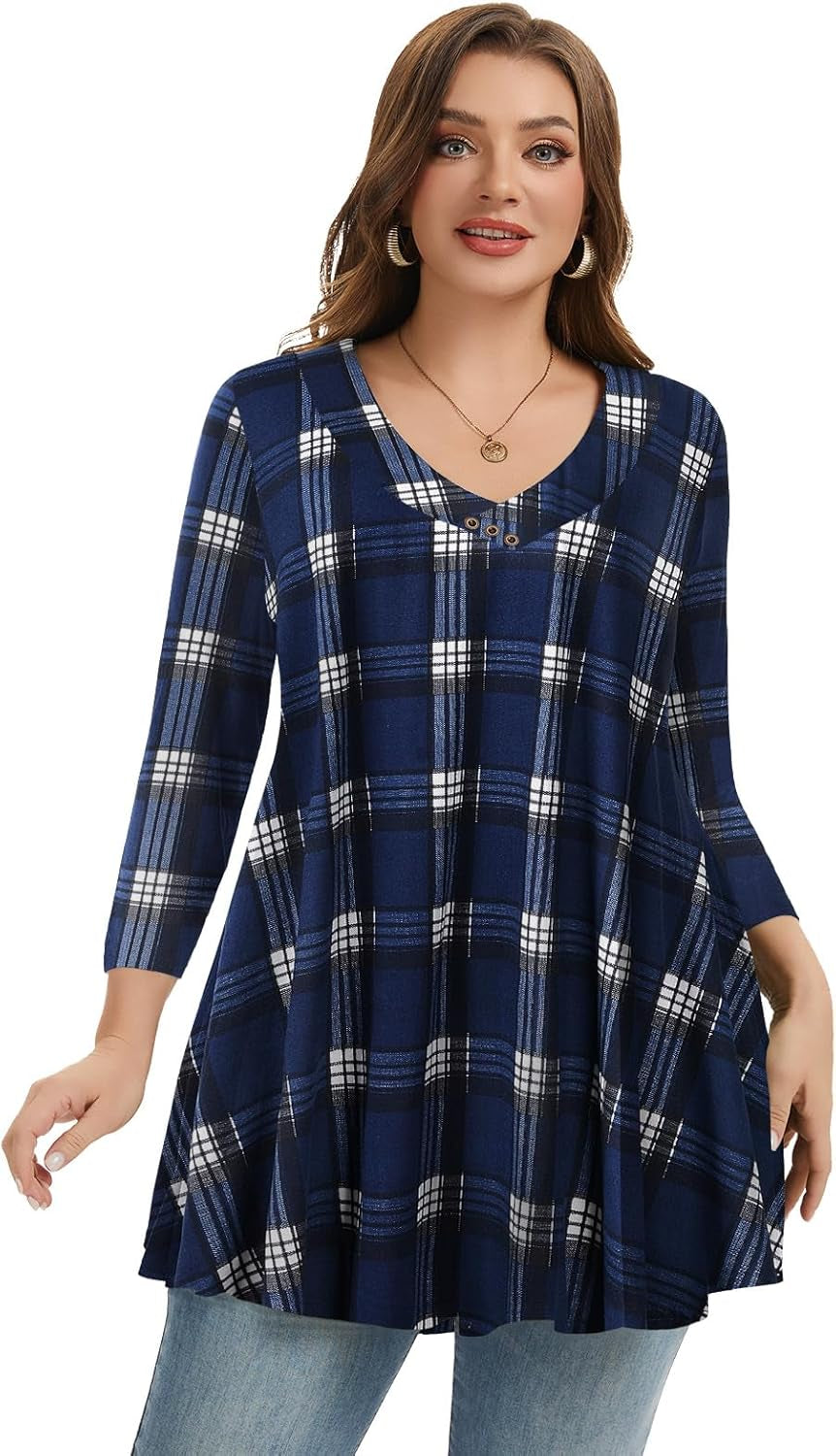 plus Size Tunic Women'S 3/4 Sleeve Tops and Blouses V Neck Shirts Loose Basic Tee