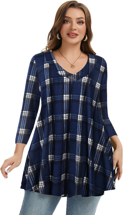 plus Size Tunic Women'S 3/4 Sleeve Tops and Blouses V Neck Shirts Loose Basic Tee