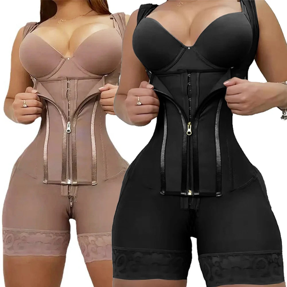 Body Shaper Shapewear Women Bodysuit Colombian Fajas 9-Bone High Compression Girdle Double Tummy Control,Open Crotch with Zipper